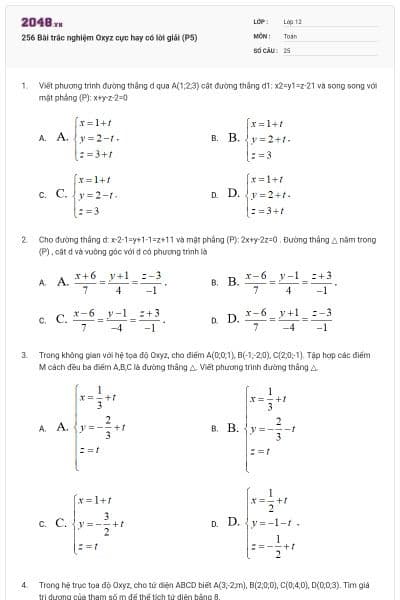 256 Bài trắc nghiệm Oxyz cực hay có lời giải (P5)