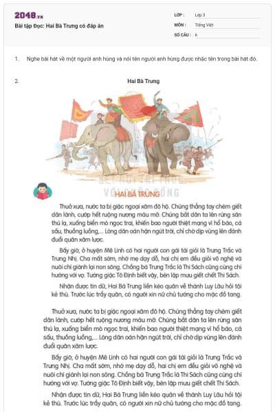 Bài tập Đọc: Hai Bà Trưng có đáp án