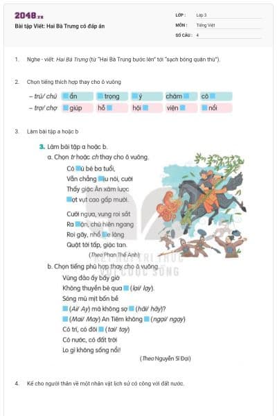 Bài tập Viết: Hai Bà Trưng  có đáp án