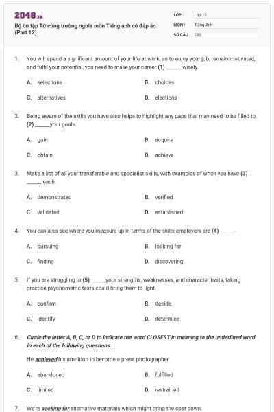 Bộ ôn tập Từ cùng trường nghĩa môn Tiếng anh có đáp án (Part 12)