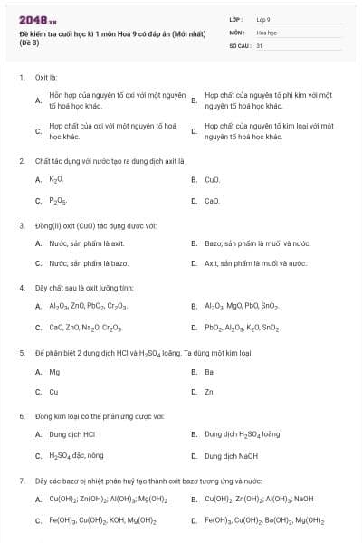 Đề kiểm tra cuối học kì 1 môn Hoá 9 có đáp án (Mới nhất) (Đề 3)