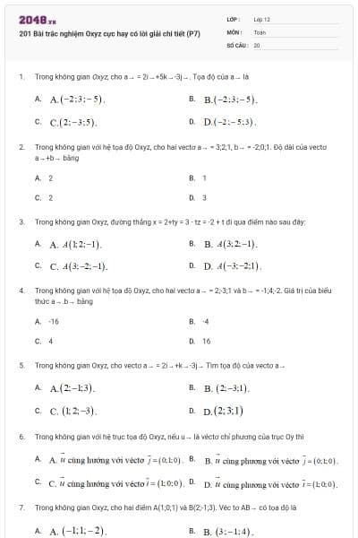 201 Bài trắc nghiệm Oxyz cực hay có lời giải chi tiết (P7)