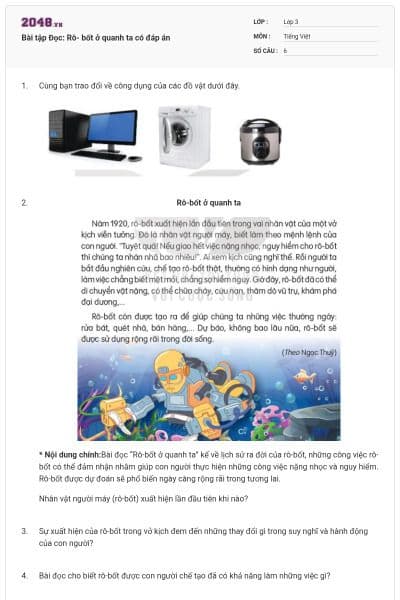 Bài tập Đọc: Rô- bốt ở quanh ta có đáp án