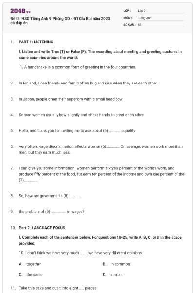 Đề thi HSG Tiếng Anh 9 Phòng GD - ĐT Gía Rai năm 2023 có đáp án