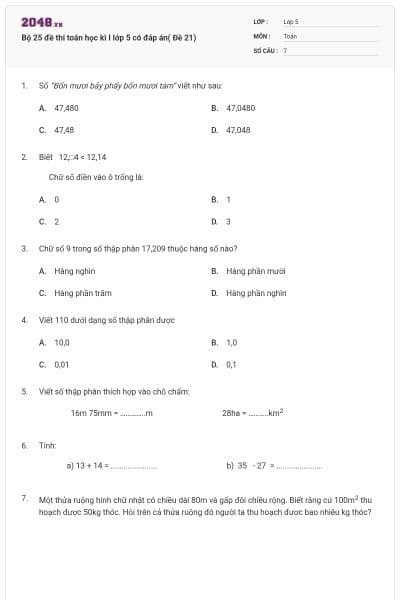 Bộ 25 đề thi toán học kì I lớp 5 có đáp án( Đề 21)