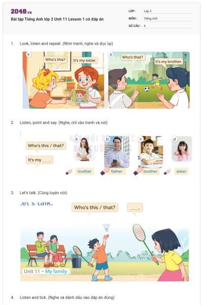 Bài tập Tiếng Anh lớp 3 Unit 11 Lesson 1 có đáp án
