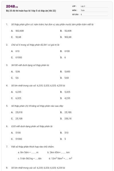 Bộ 25 đề thi toán học kì I lớp 5 có đáp án( Đề 22)