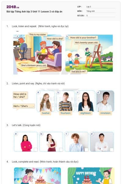 Bài tập Tiếng Anh lớp 3 Unit 11 Lesson 2 có đáp án