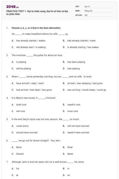 PRACTICE TEST 1- Đại từ nhân xưng, Đại từ sở hữu và Đại từ phản thân