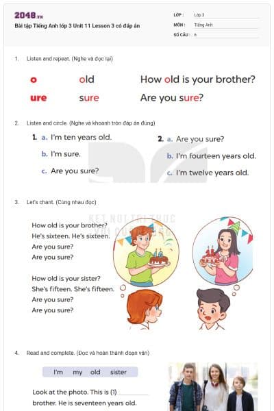 Bài tập Tiếng Anh lớp 3 Unit 11 Lesson 3 có đáp án