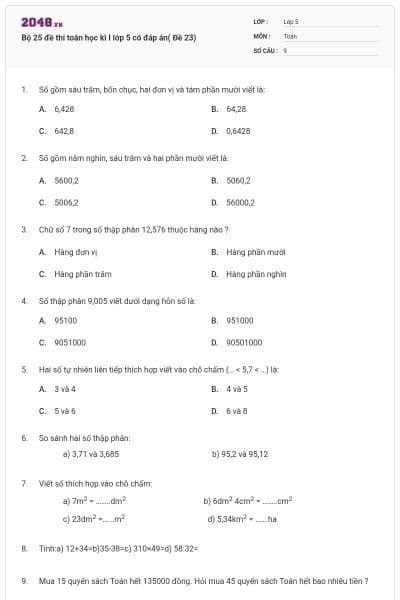 Bộ 25 đề thi toán học kì I lớp 5 có đáp án( Đề 23)