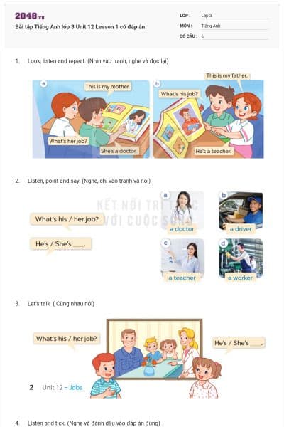 Bài tập Tiếng Anh lớp 3 Unit 12 Lesson 1 có đáp án