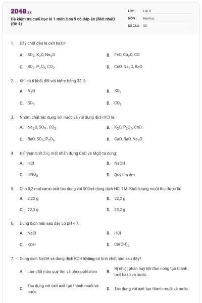 Đề kiểm tra cuối học kì 1 môn Hoá 9 có đáp án (Mới nhất) (Đề 4)