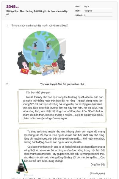 Bài tập Đoc: Thư của ông Trái Đất gửi các bạn nhỏ có đáp án