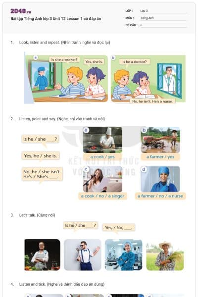 Bài tập Tiếng Anh lớp 3 Unit 12 Lesson 1 có đáp án