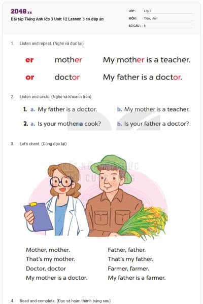 Bài tập Tiếng Anh lớp 3 Unit 12 Lesson 3 có đáp án