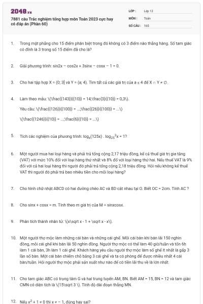 7881 câu Trắc nghiệm tổng hợp môn Toán 2023 cực hay có đáp án (Phần 60)