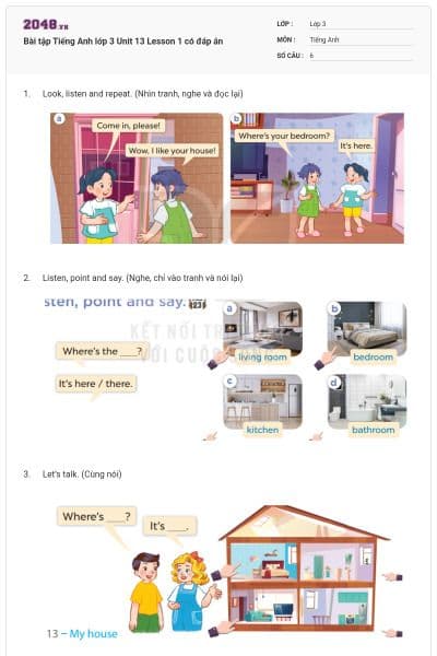 Bài tập Tiếng Anh lớp 3 Unit 13 Lesson 1 có đáp án