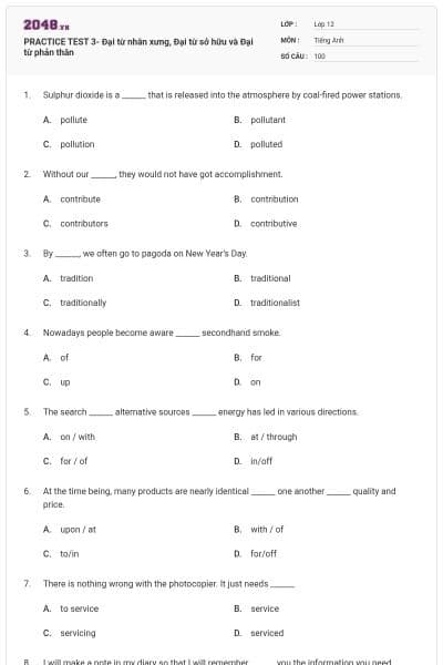 PRACTICE TEST 3- Đại từ nhân xưng, Đại từ sở hữu và Đại từ phản thân