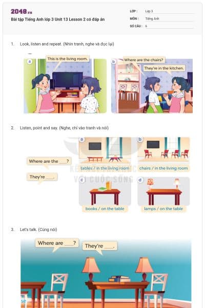 Bài tập Tiếng Anh lớp 3 Unit 13 Lesson 2 có đáp án
