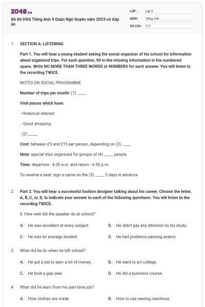 Đề thi HSG Tiếng Anh 9 Quận Ngô Quyền năm 2023 có đáp án