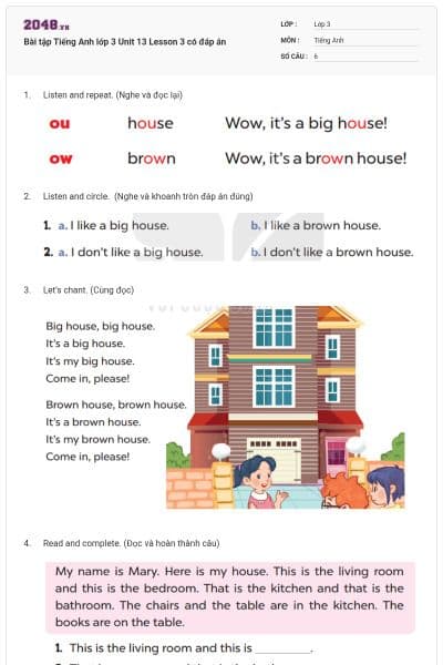 Bài tập Tiếng Anh lớp 3 Unit 13 Lesson 3 có đáp án