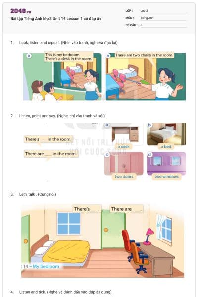 Bài tập Tiếng Anh lớp 3 Unit 14 Lesson 1 có đáp án