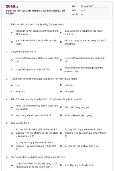 Đề thi thử THPTQG 2019 môn Địa lí cực hay có lời giải chi tiết (P6)