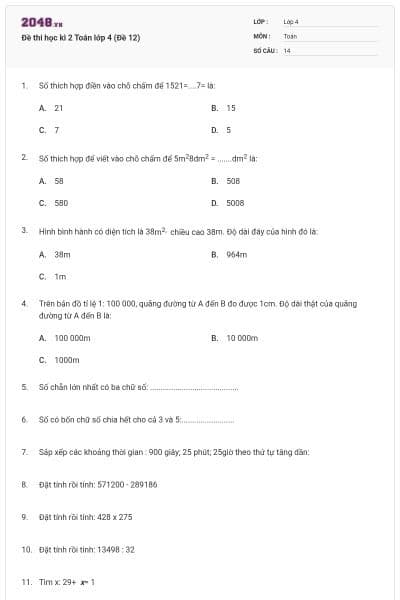Đề thi học kì 2 Toán lớp 4 (Đề 12)