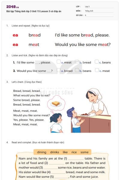 Bài tập Tiếng Anh lớp 3 Unit 15 Lesson 3 có đáp án