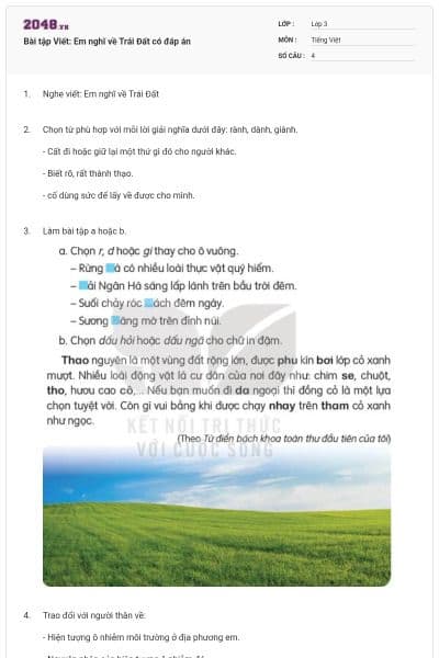 Bài tập Viết: Em nghĩ về Trái Đất  có đáp án