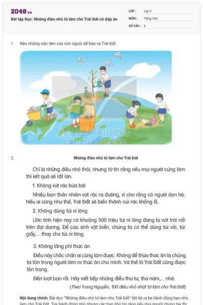 Bài tập Đọc: Những điều nhỏ tớ làm cho Trái Đất có đáp án