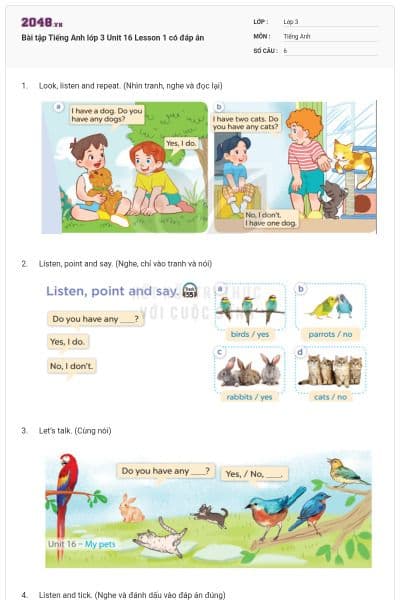 Bài tập Tiếng Anh lớp 3 Unit 16 Lesson 1 có đáp án