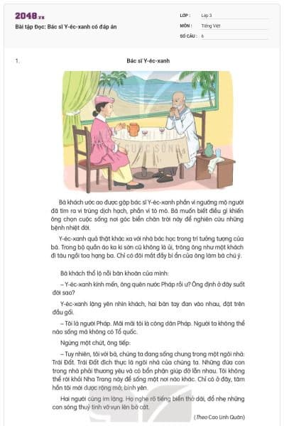 Bài tập Đọc: Bác sĩ Y-éc-xanh có đáp án