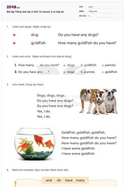 Bài tập Tiếng Anh lớp 3 Unit 16 Lesson 3 có đáp án