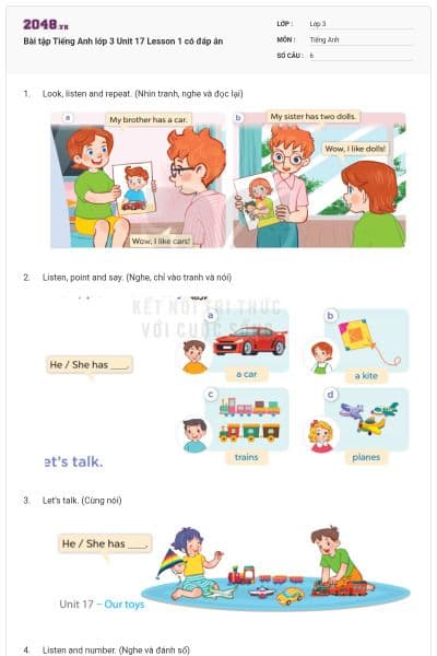 Bài tập Tiếng Anh lớp 3 Unit 17 Lesson 1 có đáp án