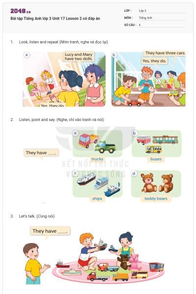 Bài tập Tiếng Anh lớp 3 Unit 17 Lesson 2 có đáp án
