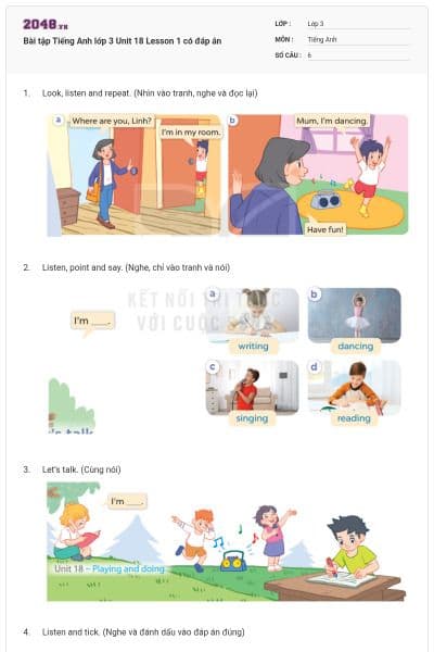 Bài tập Tiếng Anh lớp 3 Unit 18 Lesson 1 có đáp án