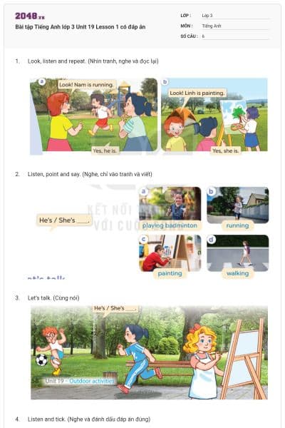 Bài tập Tiếng Anh lớp 3 Unit 19 Lesson 1 có đáp án