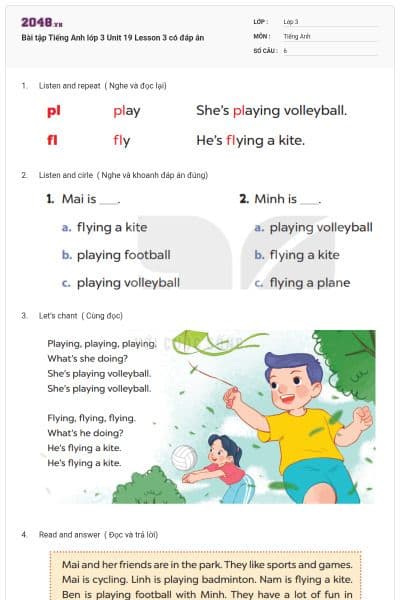 Bài tập Tiếng Anh lớp 3 Unit 19 Lesson 3 có đáp án