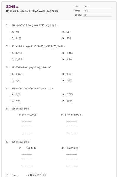 Bộ 25 đề thi toán học kì I lớp 5 có đáp án ( Đề 25)