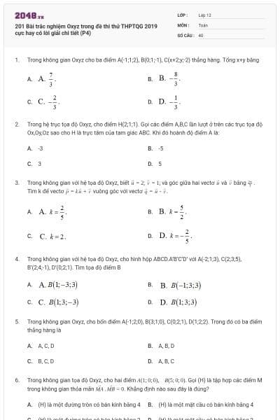 201 Bài trắc nghiệm Oxyz trong đề thi thử THPTQG 2019 cực hay có lời giải chi tiết (P4)