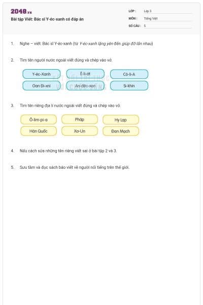 Bài tập Viết: Bác sĩ Y-éc-xanh có đáp án