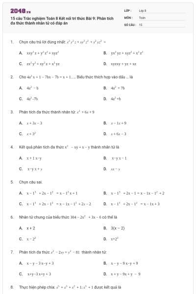 15 câu Trắc nghiệm Toán 8 Kết nối tri thức Bài 9: Phân tích đa thức thành nhân tử có đáp án