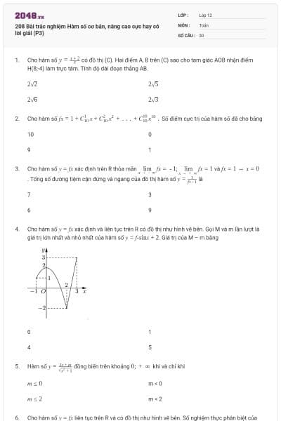 208 Bài trắc nghiệm Hàm số cơ bản, nâng cao cực hay có lời giải (P3)