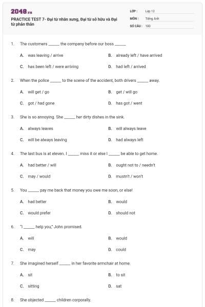 PRACTICE TEST 7- Đại từ nhân xưng, Đại từ sở hữu và Đại từ phản thân