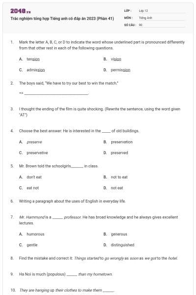 Trắc nghiệm tổng hợp Tiếng anh có đáp án 2023 (Phần 41)