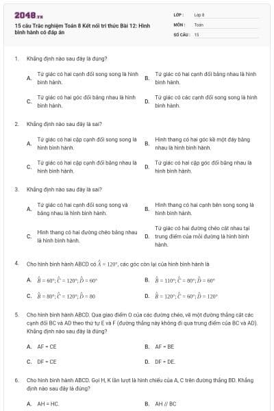 15 câu Trắc nghiệm Toán 8 Kết nối tri thức Bài 12: Hình bình hành có đáp án