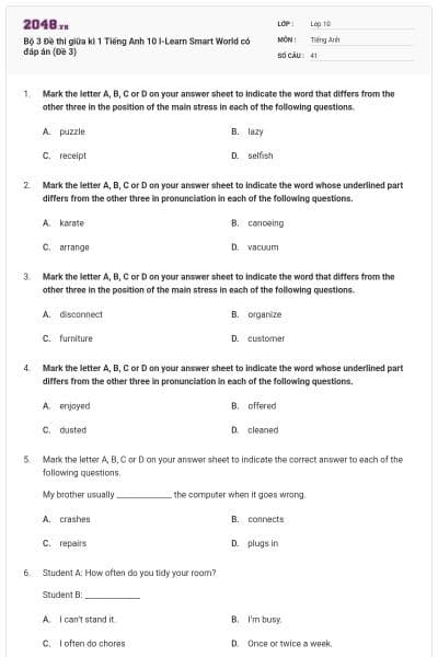 Bộ 3 Đề thi giữa kì 1 Tiếng Anh 10 I-Learn Smart World có đáp án (Đề 3)