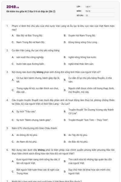 Đề kiểm tra giữa kì 2 Địa lí 6 có đáp án (Đề 2)